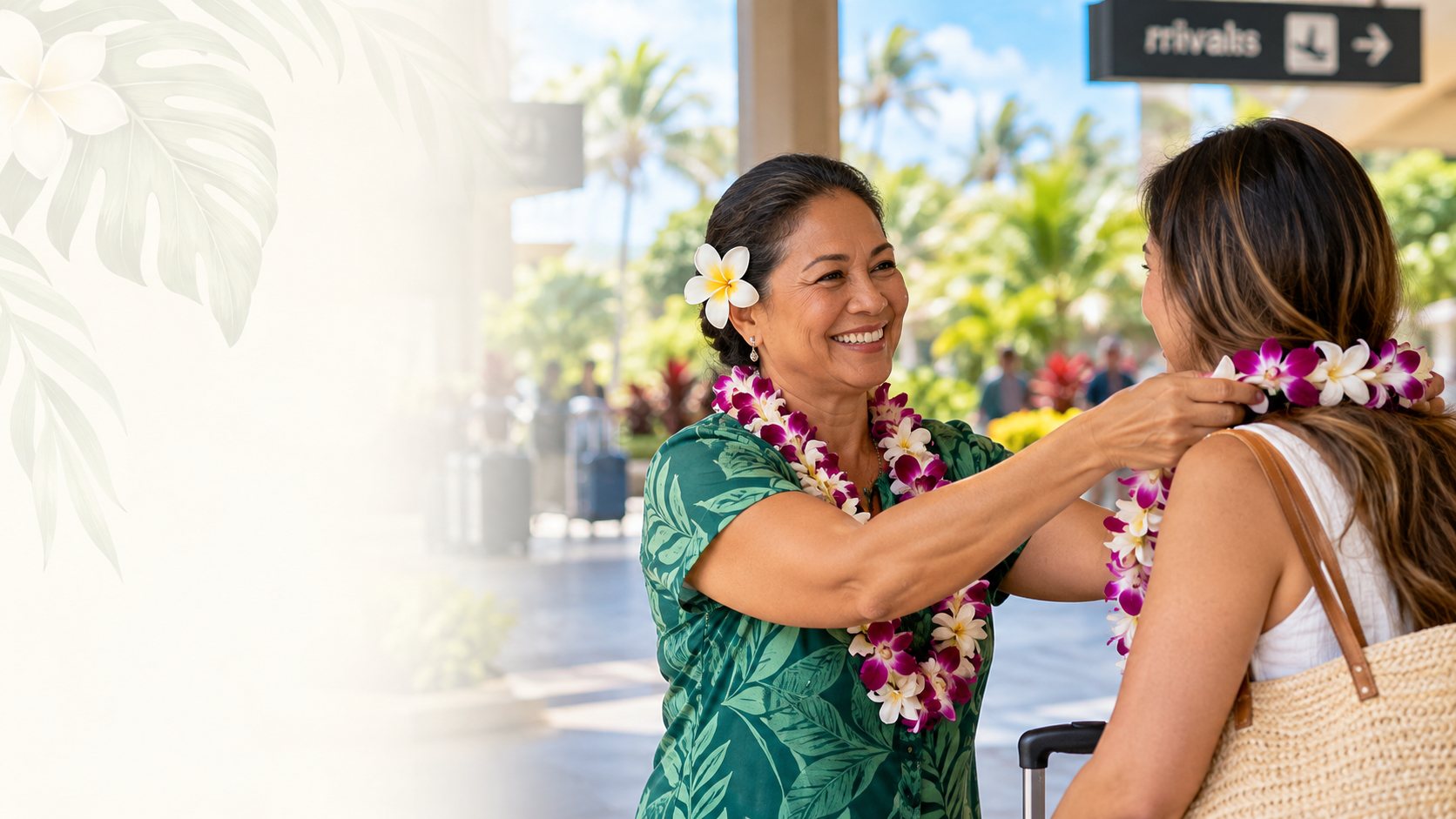 A friendly Kauai lei greeter offering an orchid lei at the airport